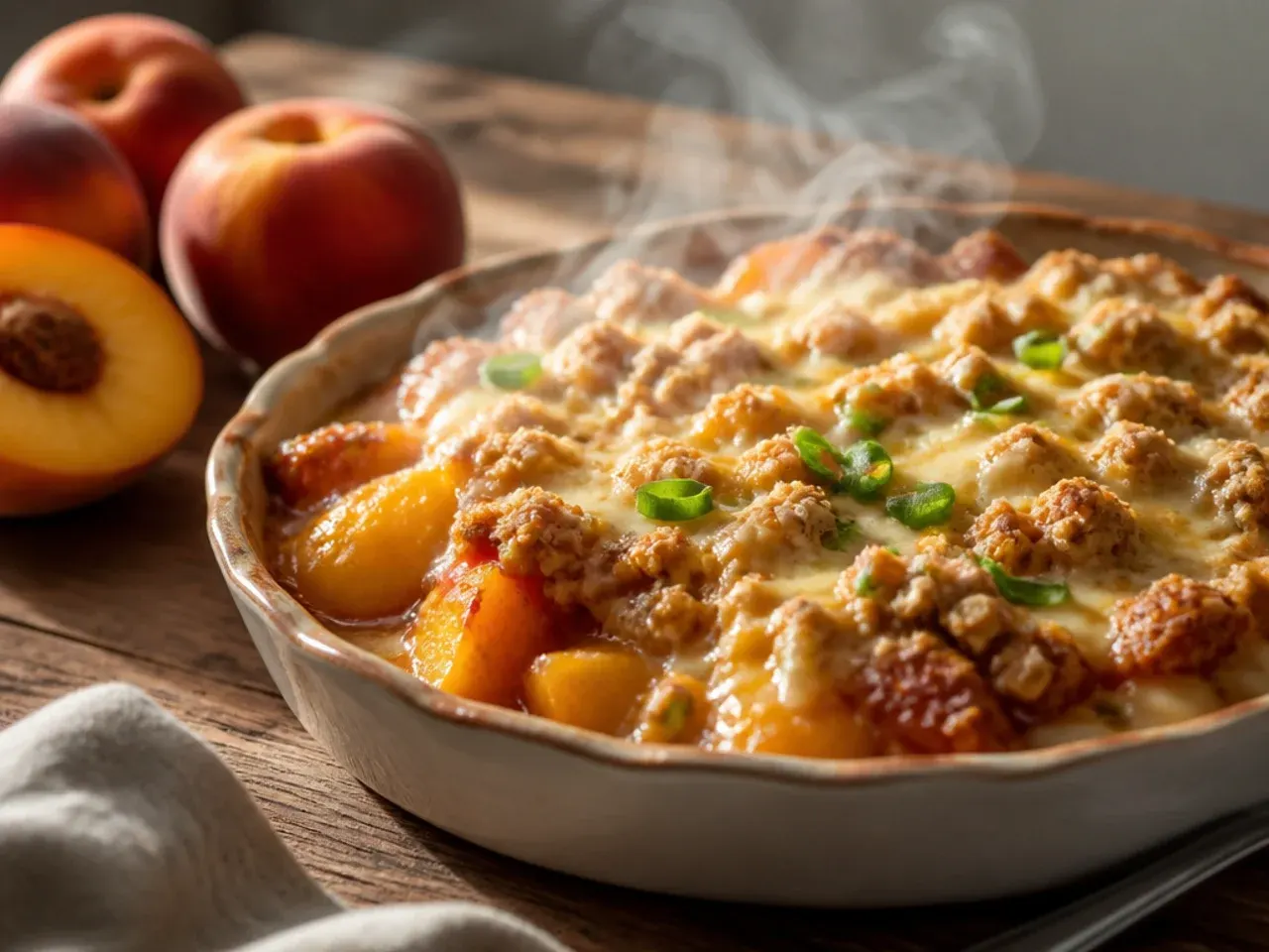 Large family-size peach crisp in a big baking dish for a crowd