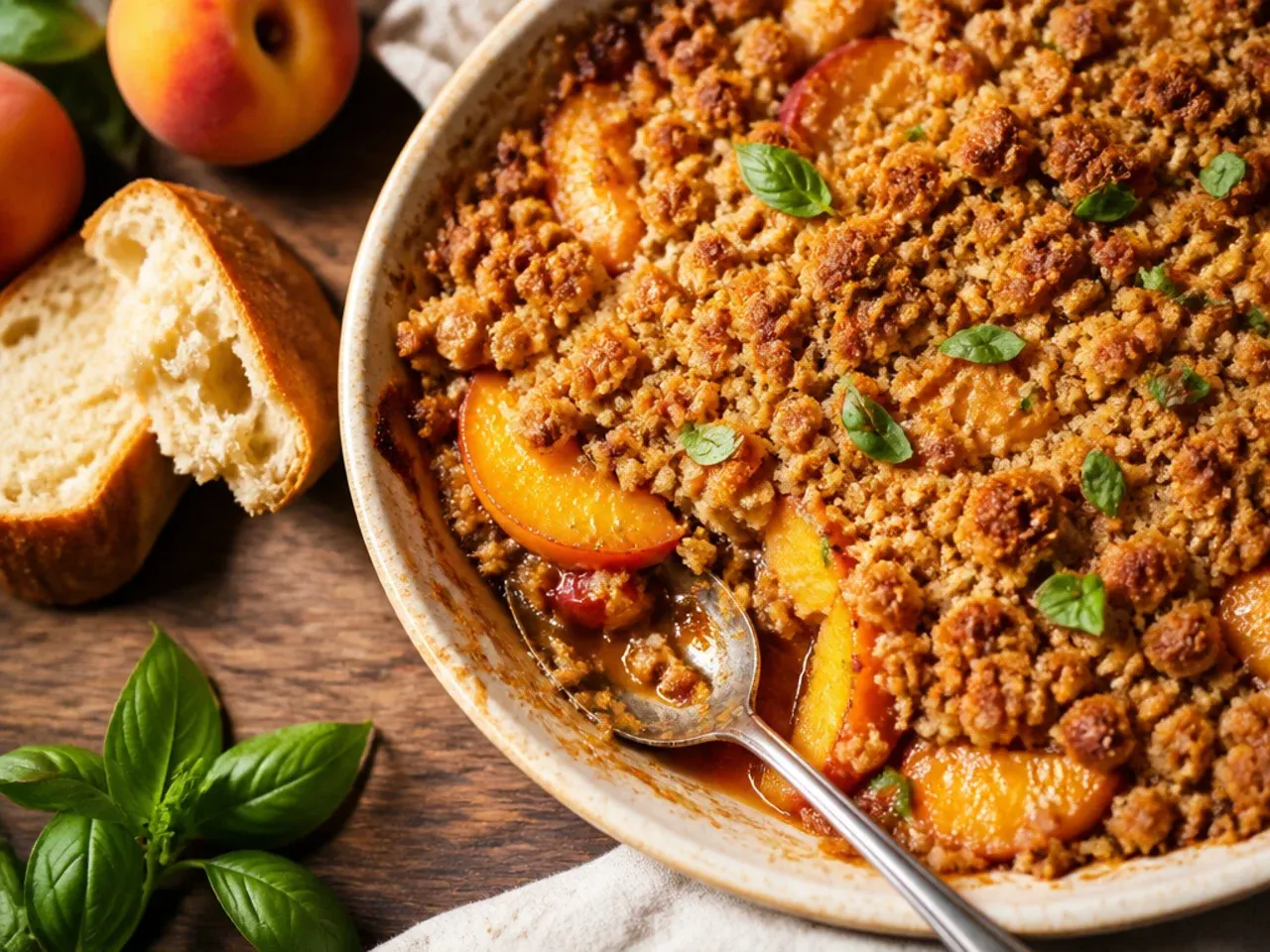 Bourbon peach crisp served with a scoop of vanilla ice cream