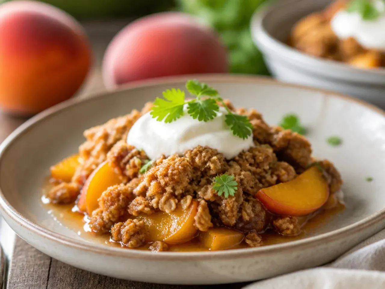 Individual peach crisp cups in small ramekins