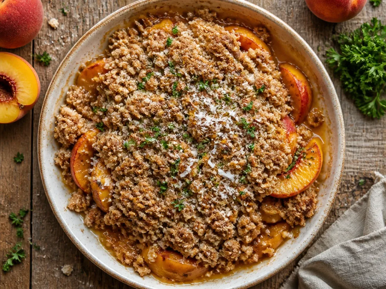 Vegan peach crisp made with coconut oil topping