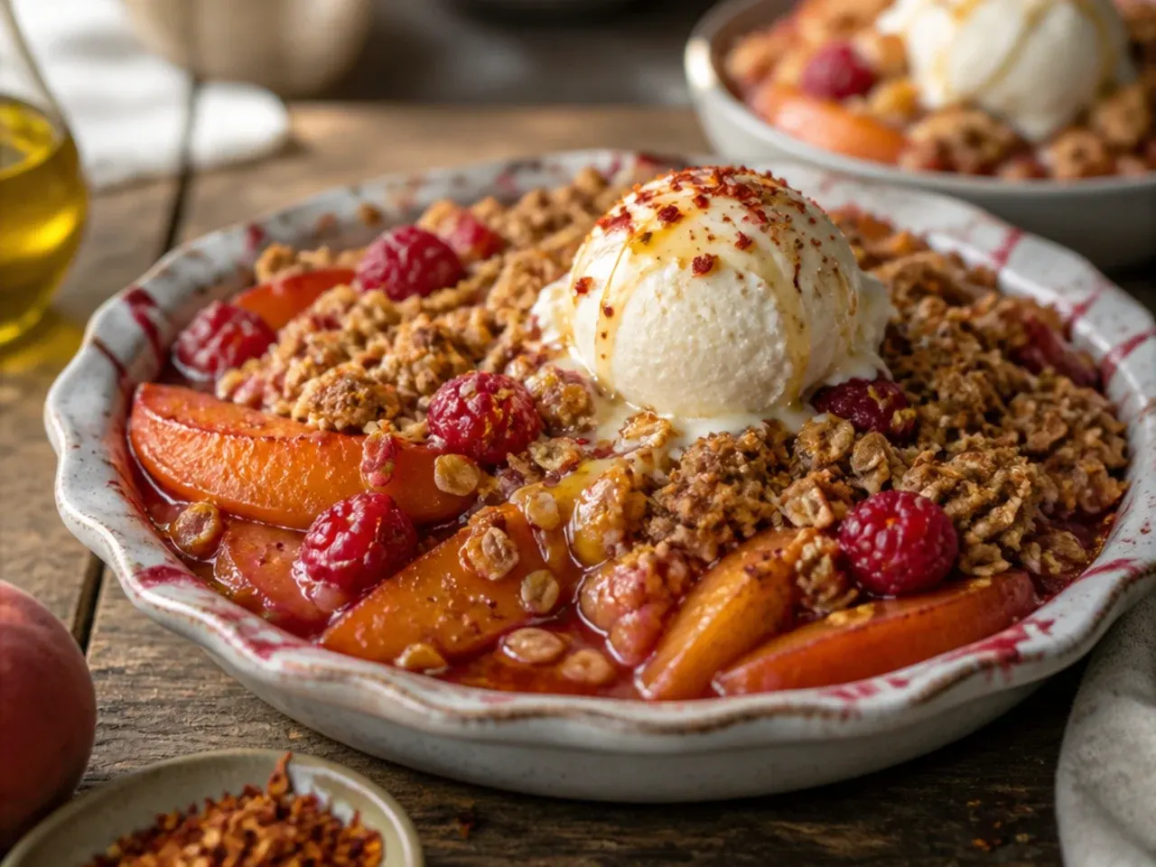 Peach and raspberry crisp with pink-streaked filling