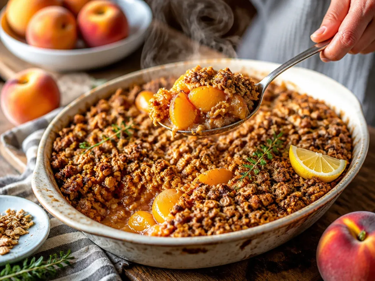 Granola-topped peach crisp fresh from the oven