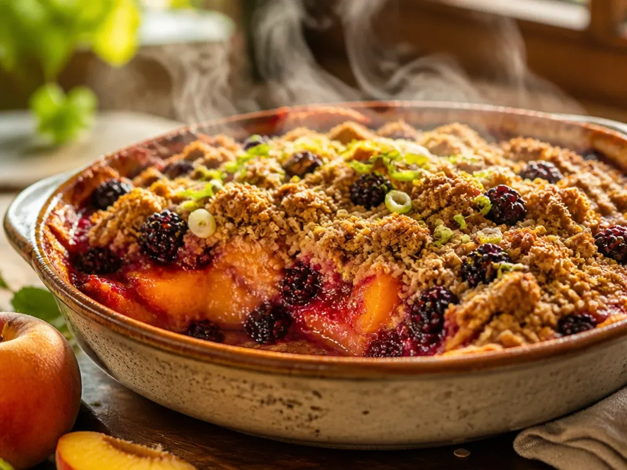 Peach and blackberry crisp with deep purple juices bubbling