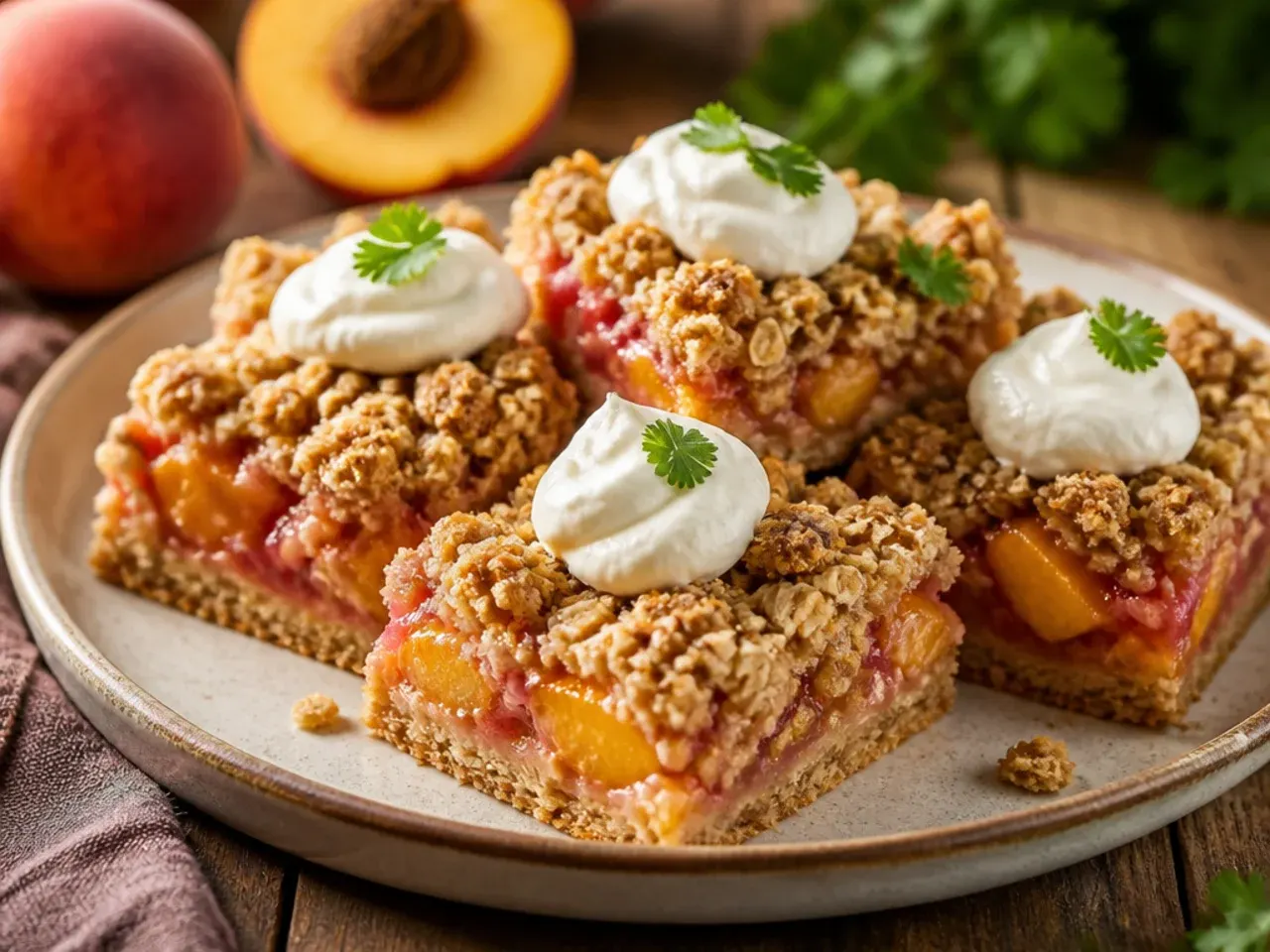 Sliced peach crisp bars stacked on a cutting board
