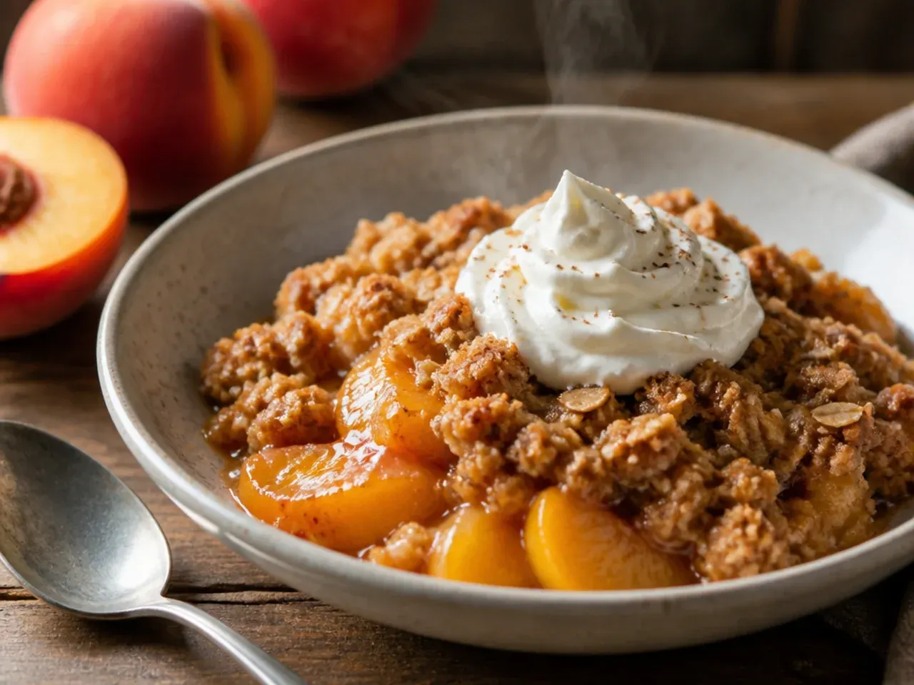 Peach crisp cooking in a slow cooker insert