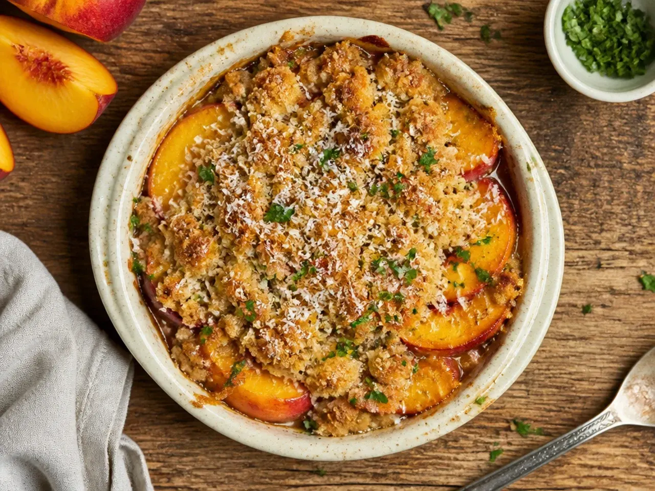 Two small peach crisp ramekins ready for the air fryer