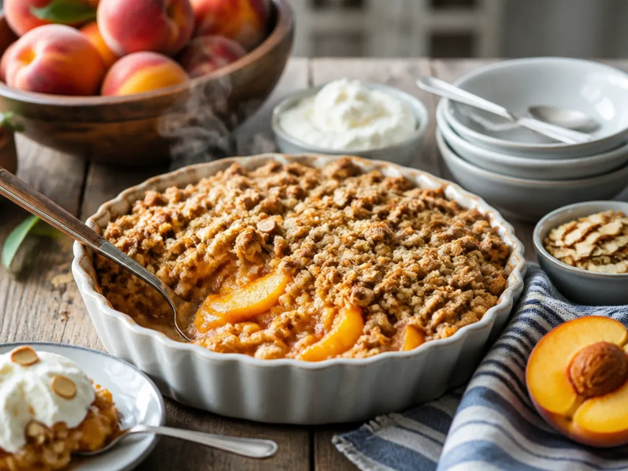 Bowl of warm peach crisp topped with a melting scoop of vanilla ice cream