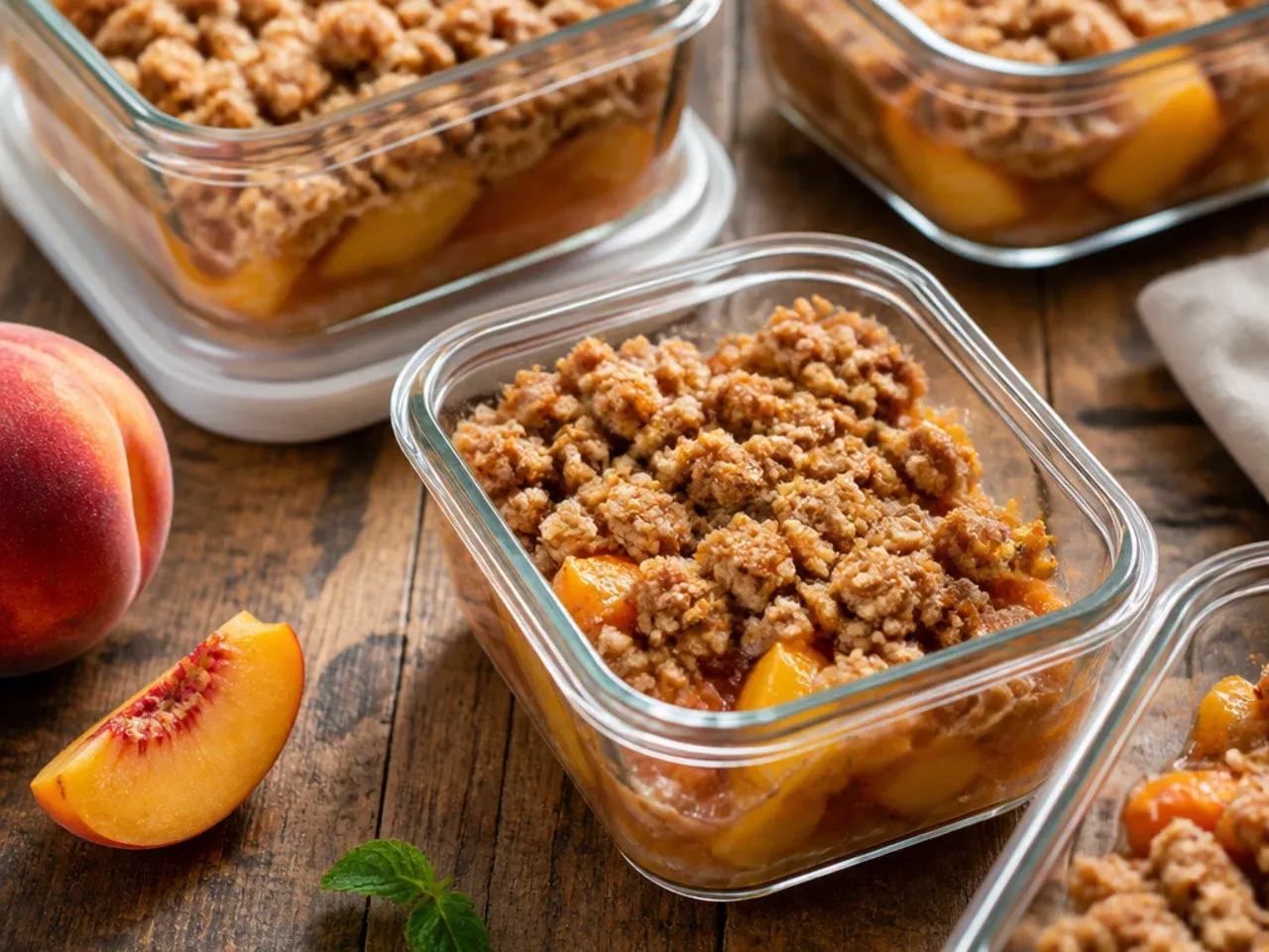 Leftover peach crisp stored in an airtight container in the fridge