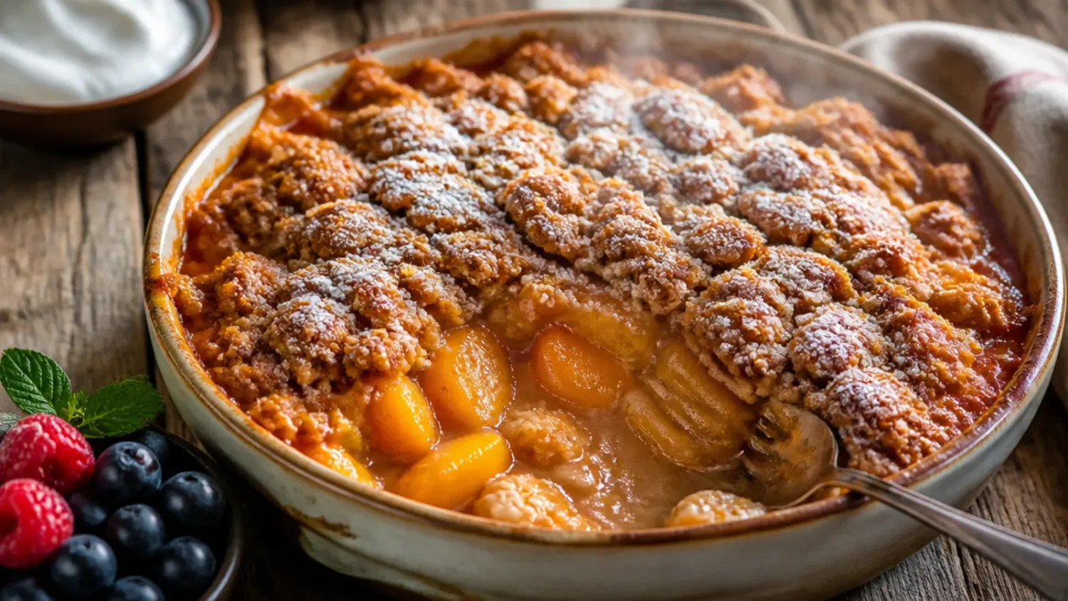 Golden-brown peach crisp in a white baking dish with a scoop of vanilla ice cream melting into the bubbling oat crumble topping
