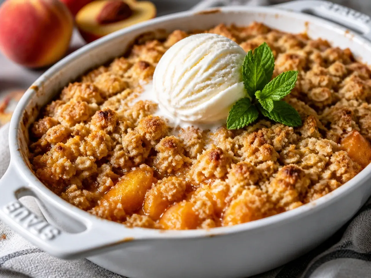 Overhead shot of a bubbling peach crisp fresh out of the oven with golden oat topping