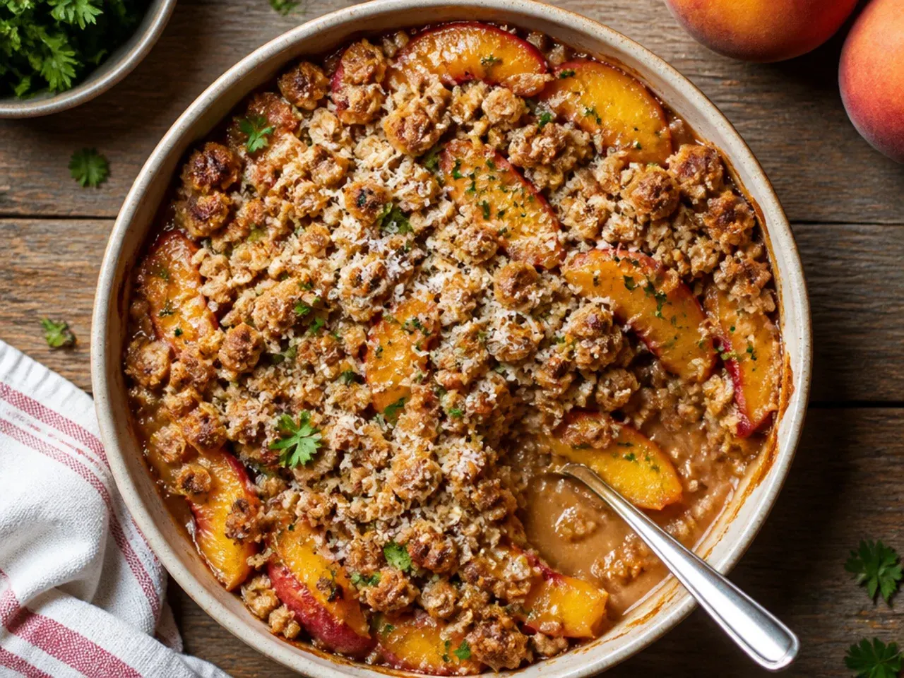 Classic peach crisp with golden oat topping in a white baking dish