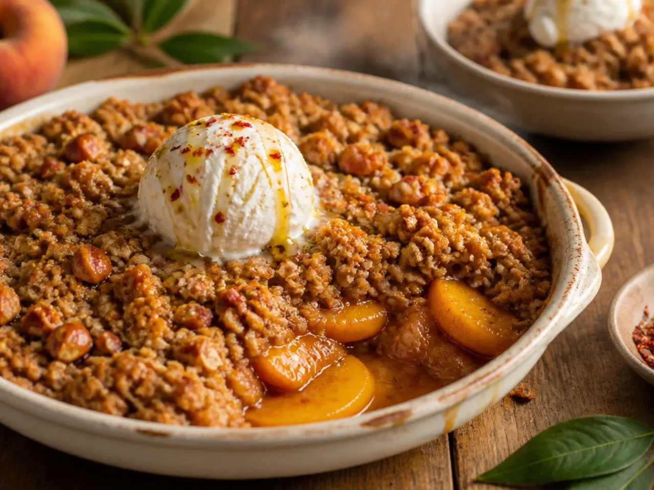Bowl of peaches with skins on being sliced quickly for an easy peach crisp