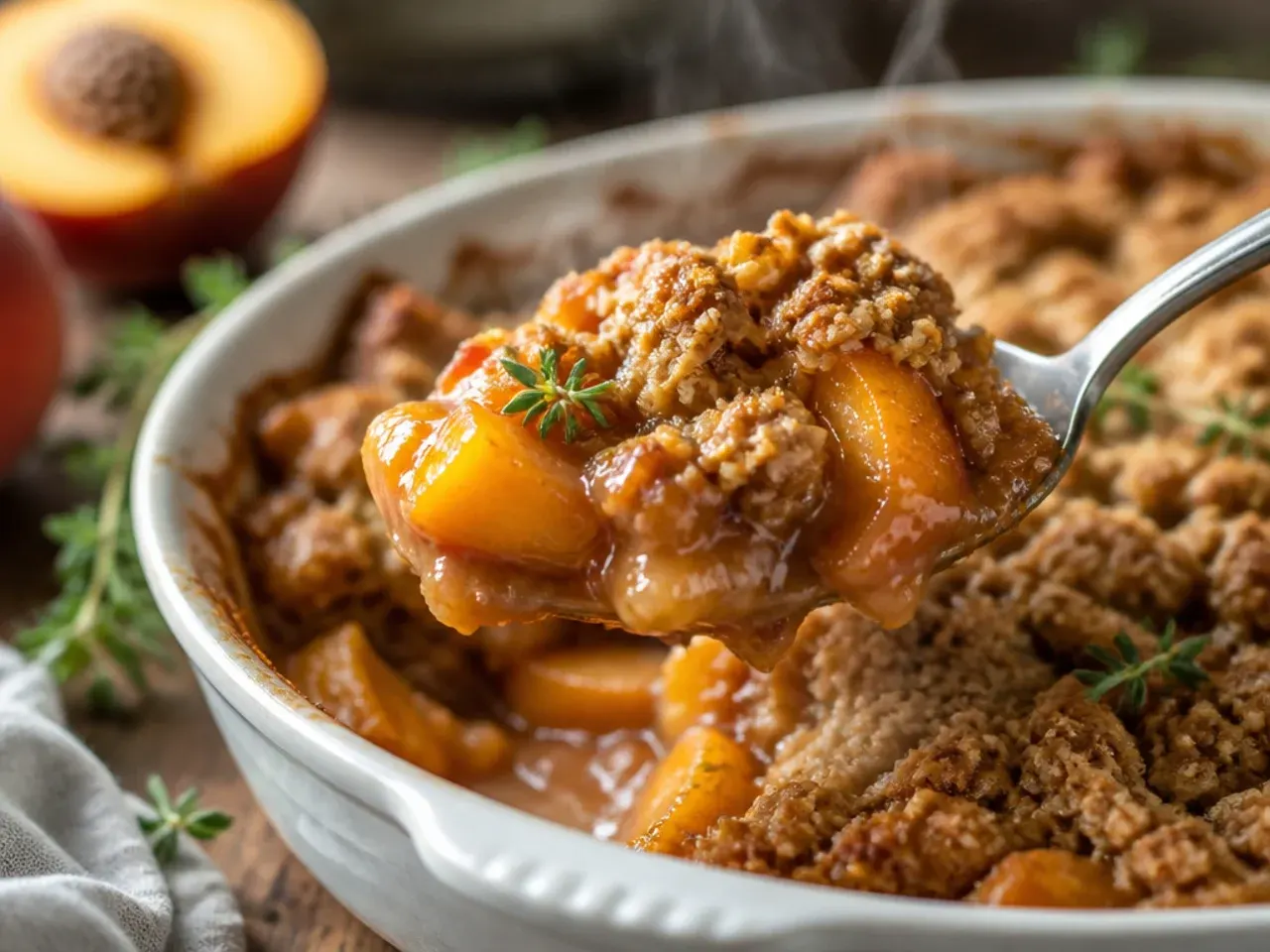 Fresh ripe peaches on a wooden board next to a bowl of sliced peach crisp filling