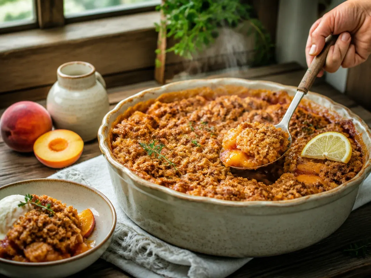 Bowl of spiced peach crisp with custard being poured over the top