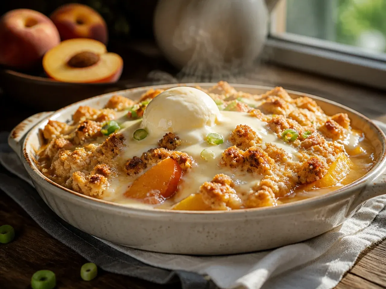 Slice of peach crisp on a plate with vanilla custard sauce being poured over