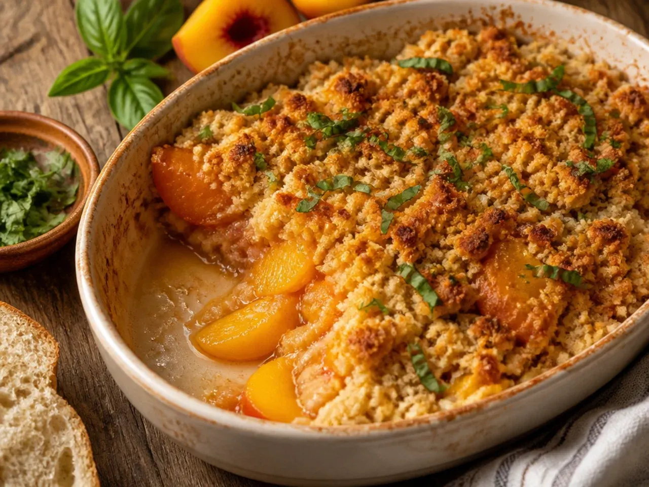 Five simple ingredients laid out on a counter for a minimal peach crisp