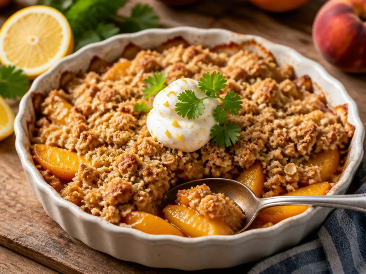 Peach crisp topped with grated lemon zest and ginger pieces