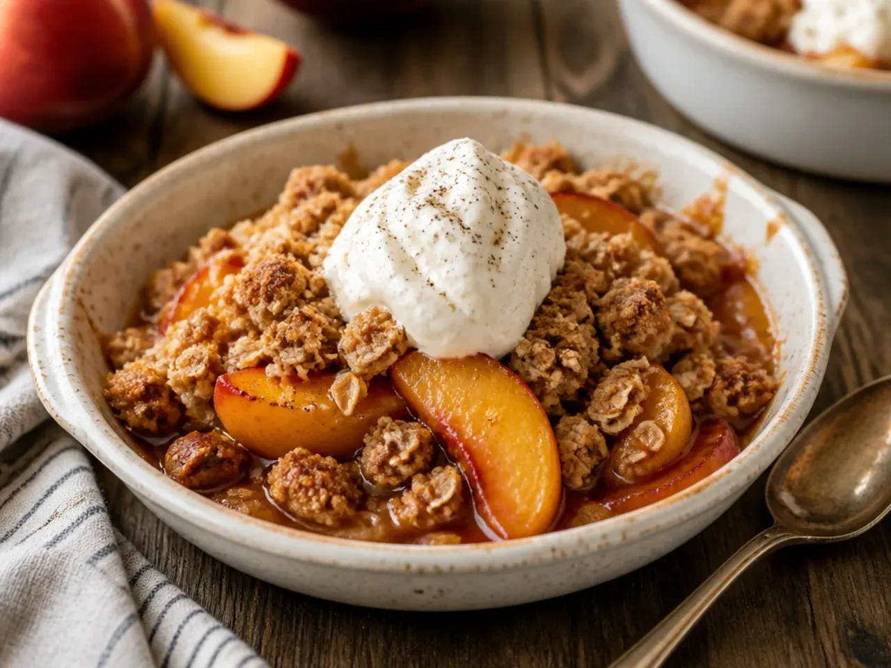 Wholemeal peach crisp topping with visible oats and honey drizzle