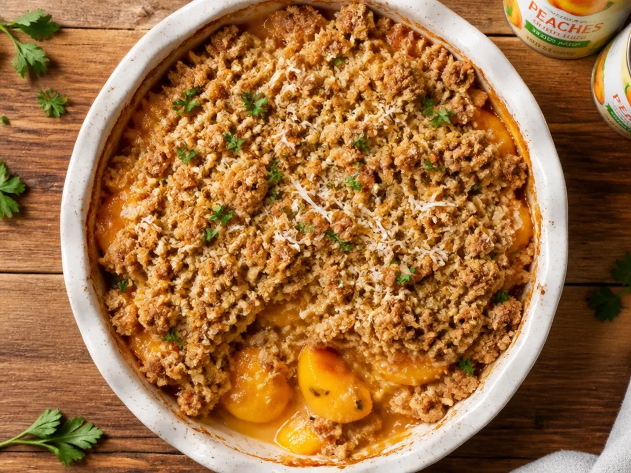 Tins of peaches next to a baking dish of budget peach crisp