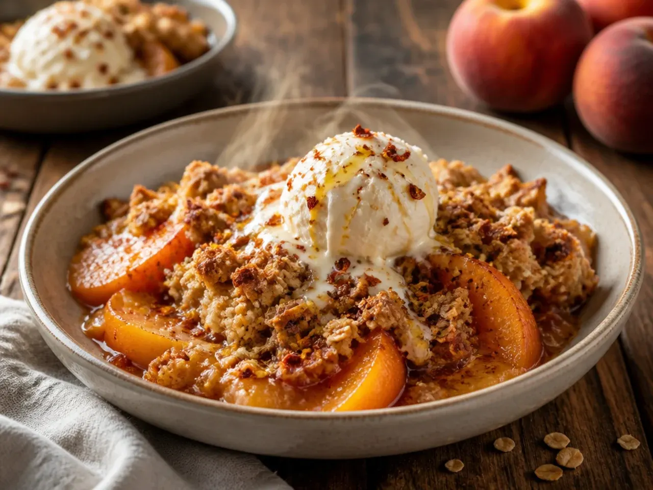 Peach crisp baked in a cast iron skillet straight from the oven