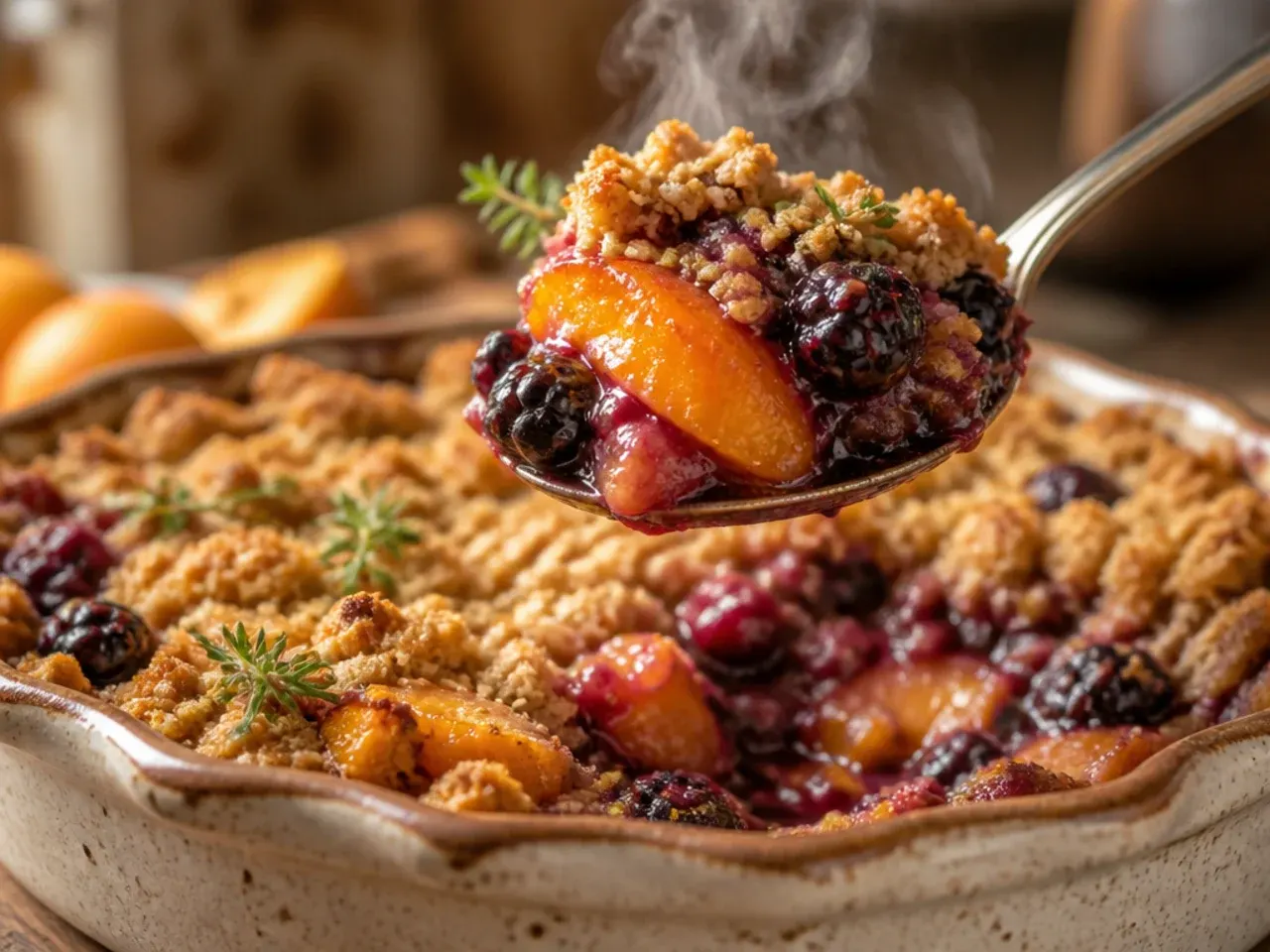 Rustic peach and blackberry crisp with uneven crumble topping
