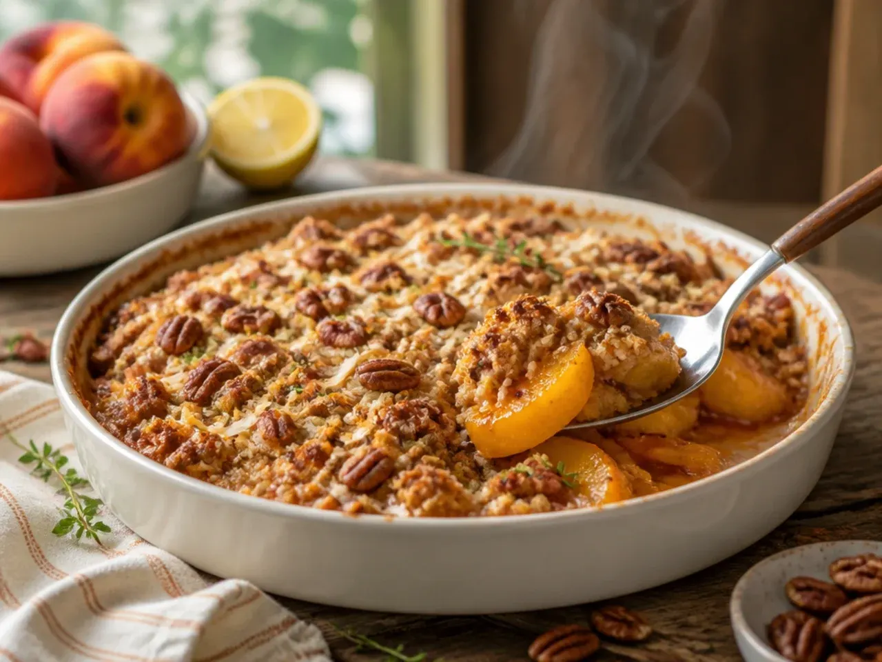 Loaded peach crisp topped with pecans, toasted coconut and caramel drizzle