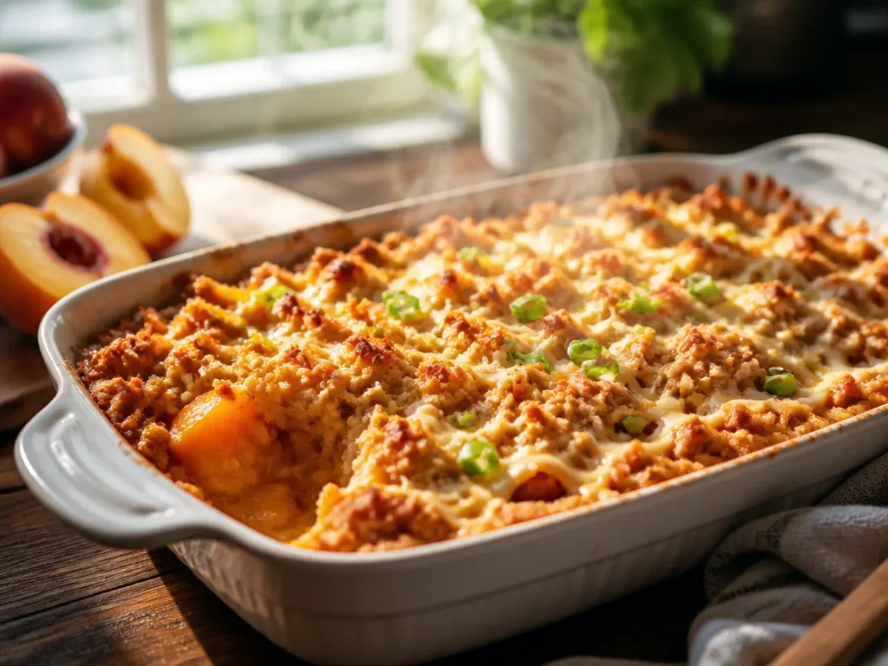 Large family-size peach crisp in a rectangular baking tray