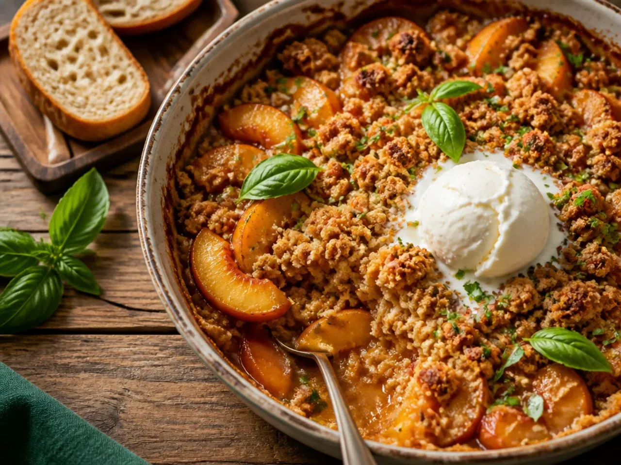 Close-up of bourbon peach crisp with a caramelised nutty crumble