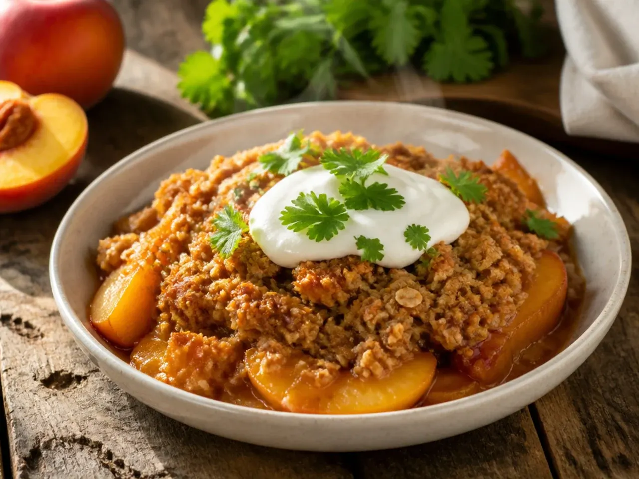 Quick peach crisp being pulled from the oven after a short bake