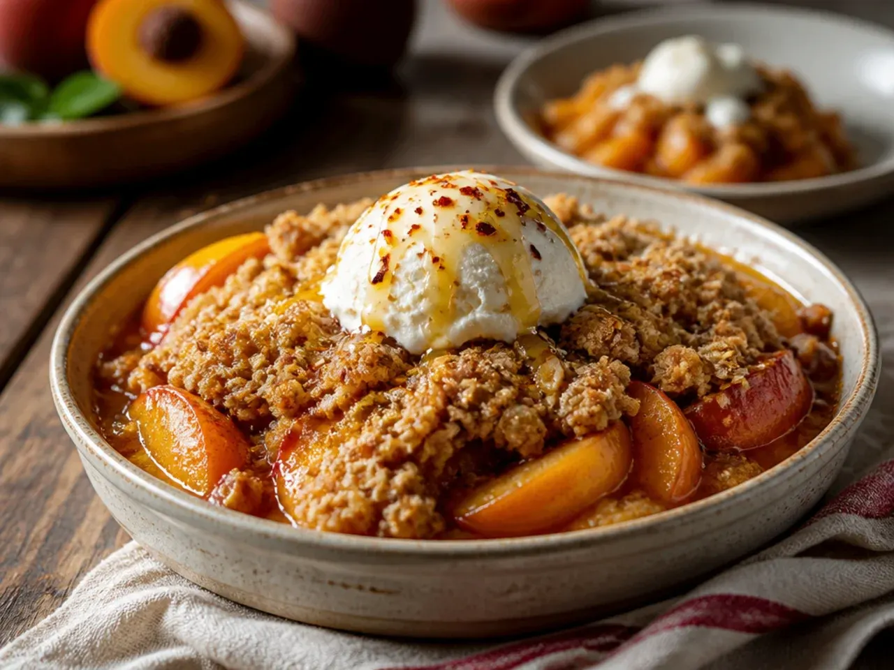 Bag of frozen peach slices next to an assembled peach crisp dish