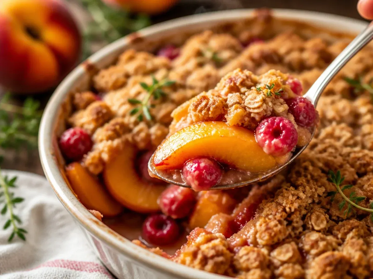 Peach and raspberry crisp with a vivid pink-gold bubbling filling