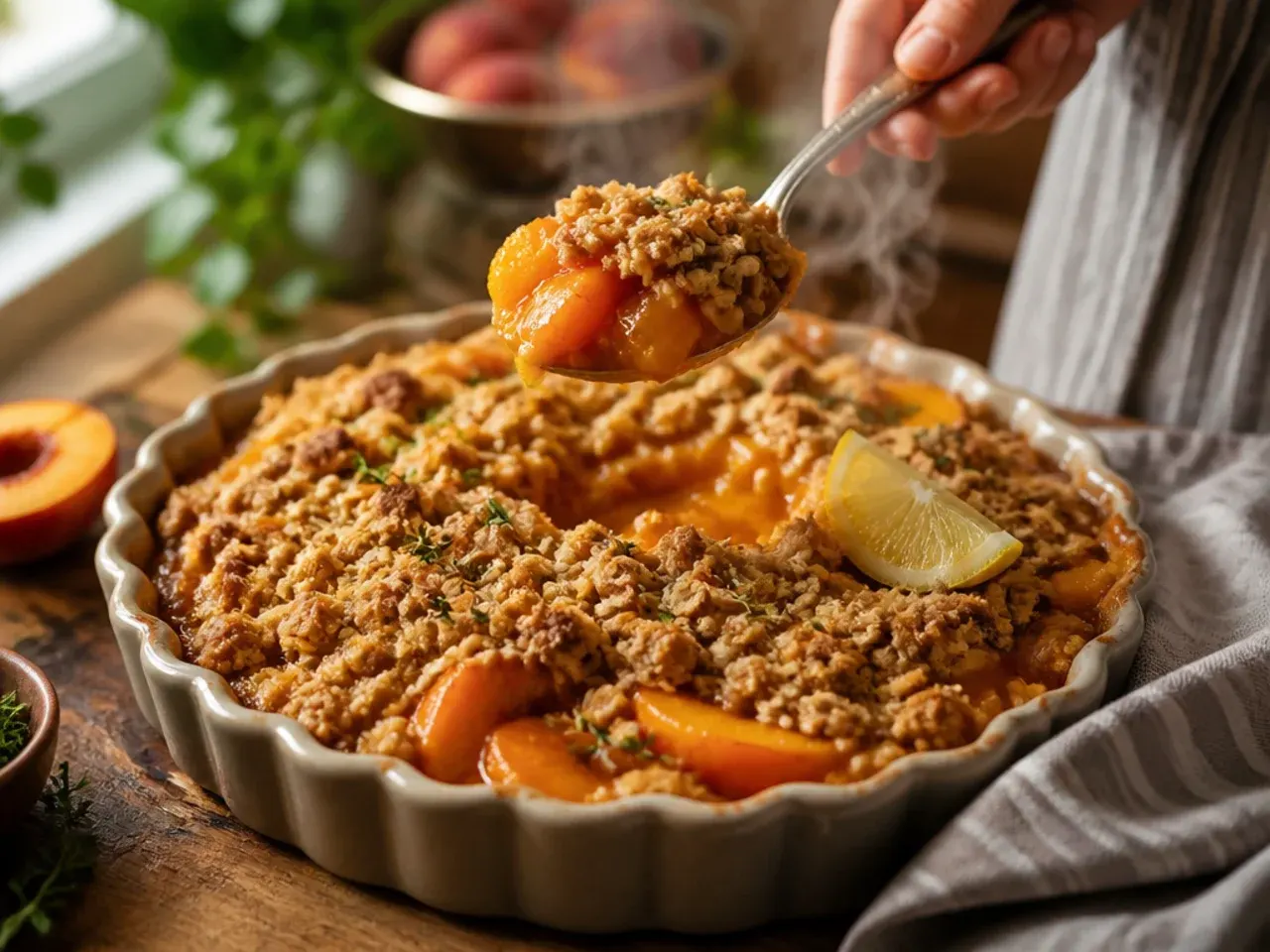 Pan of browned butter next to a bowl of crumble topping ingredients