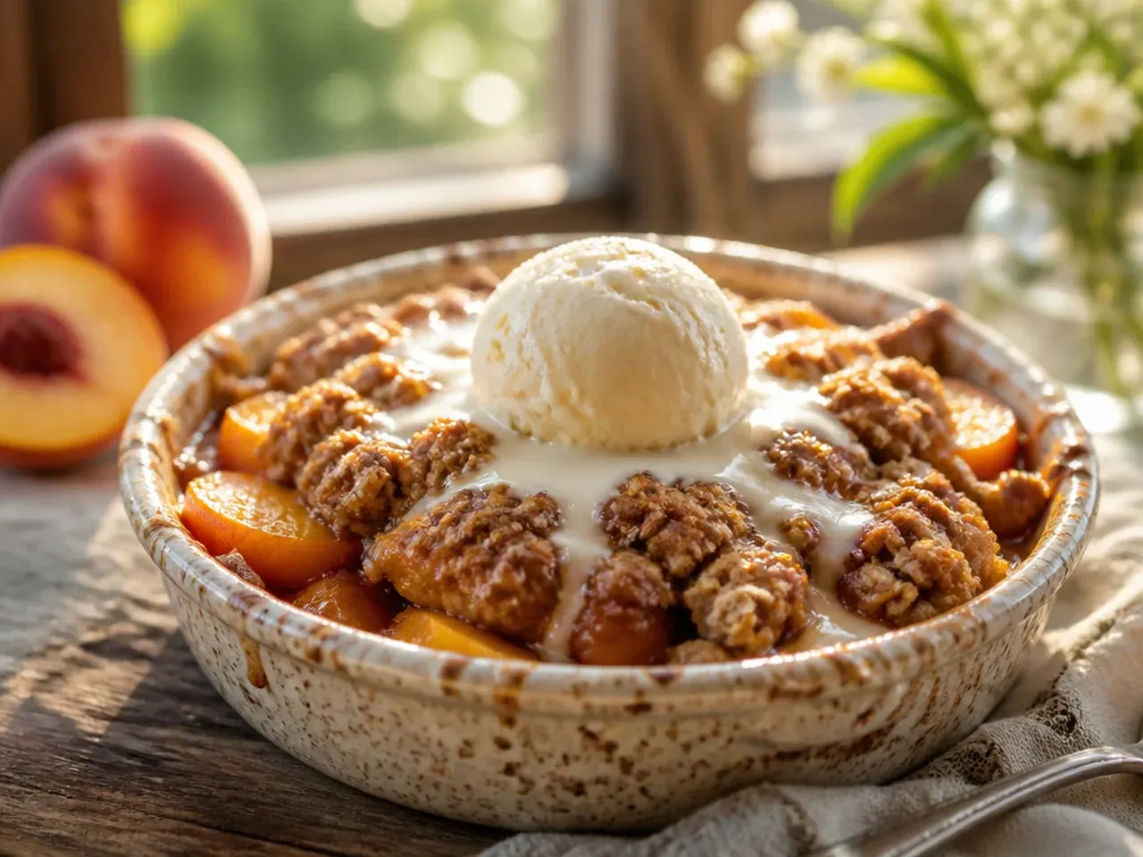 Six individual peach crisp ramekins fresh from the oven