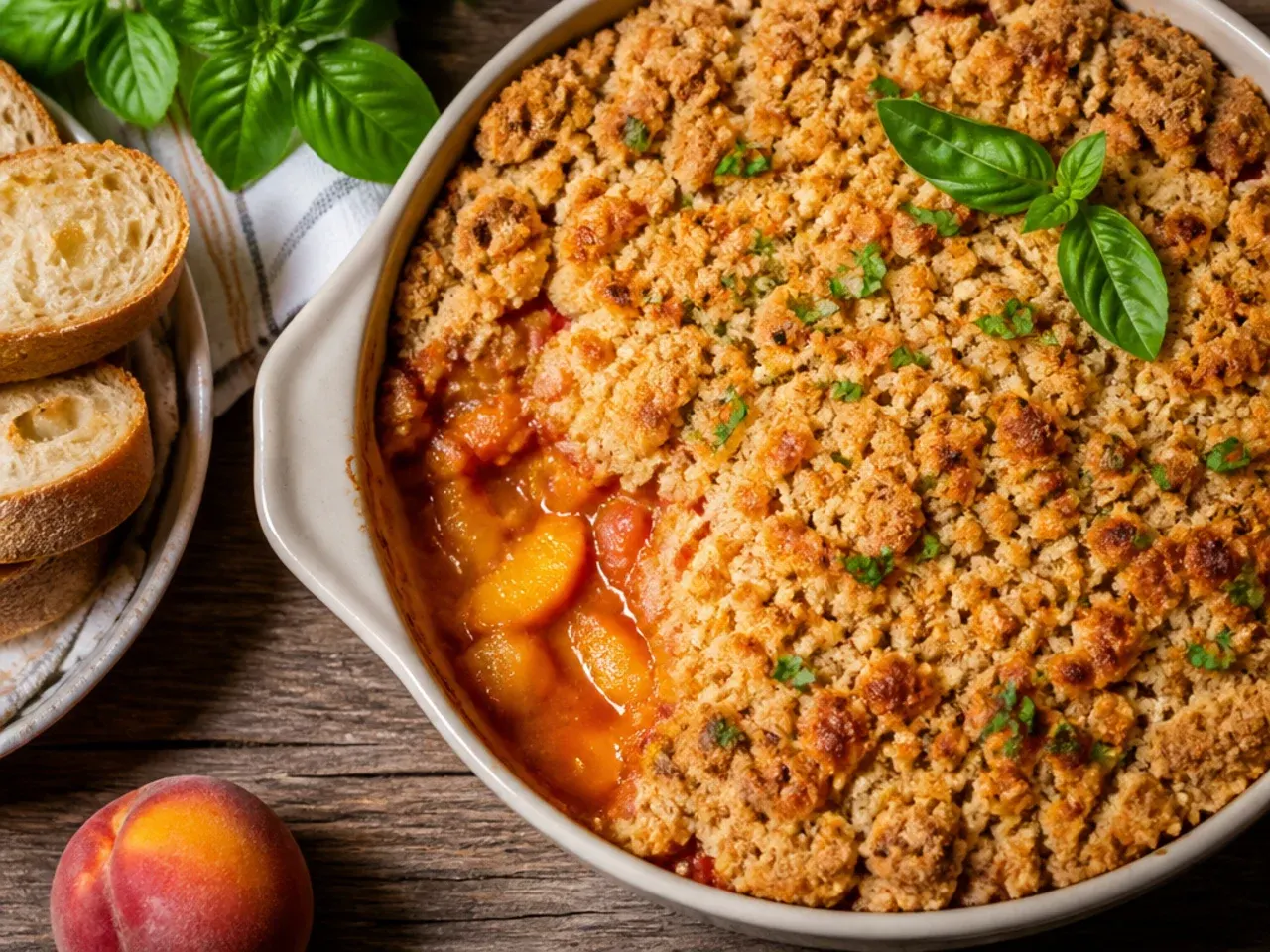 Peach crisp with a fine, pale streusel topping instead of oats