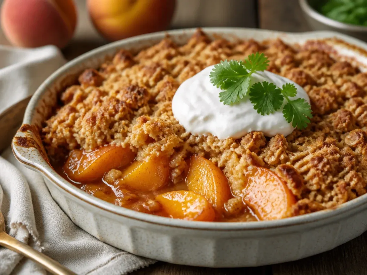 Maple syrup being drizzled over peach crisp topping before baking