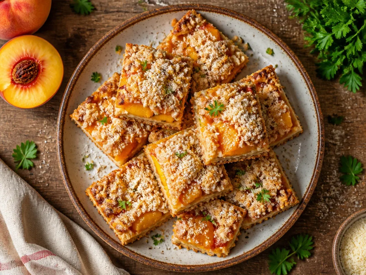 Sliced peach crisp bars stacked on a plate for a picnic