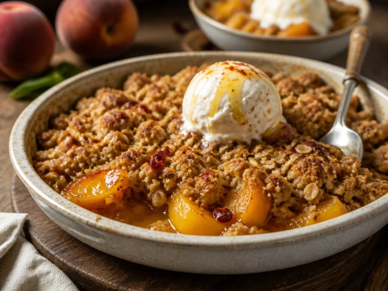Chai-spiced peach crisp with visible cardamom and cinnamon flecks