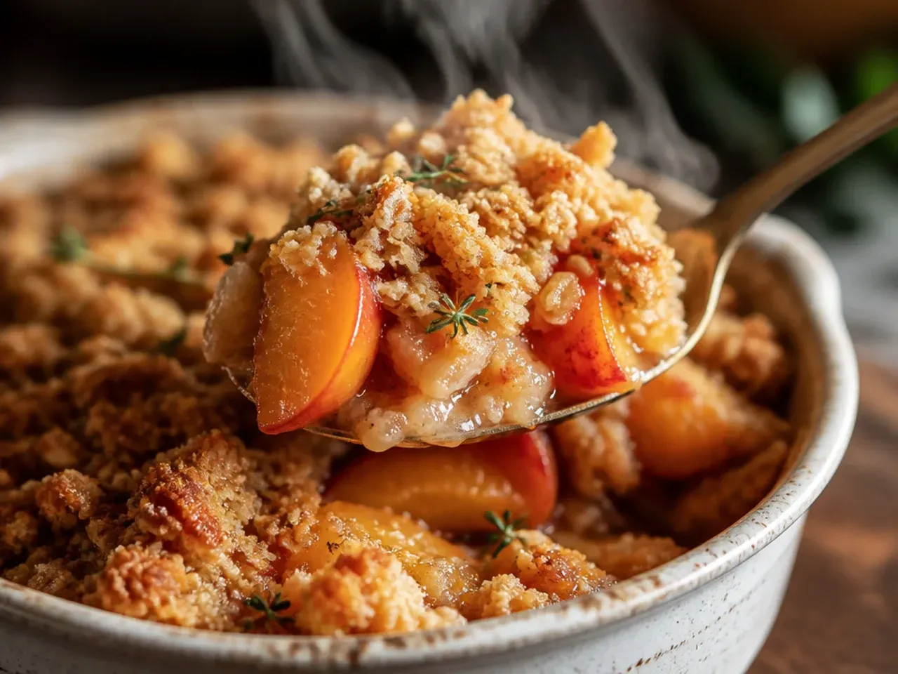 Mixed peach and apple slices combined for a fruit crisp filling