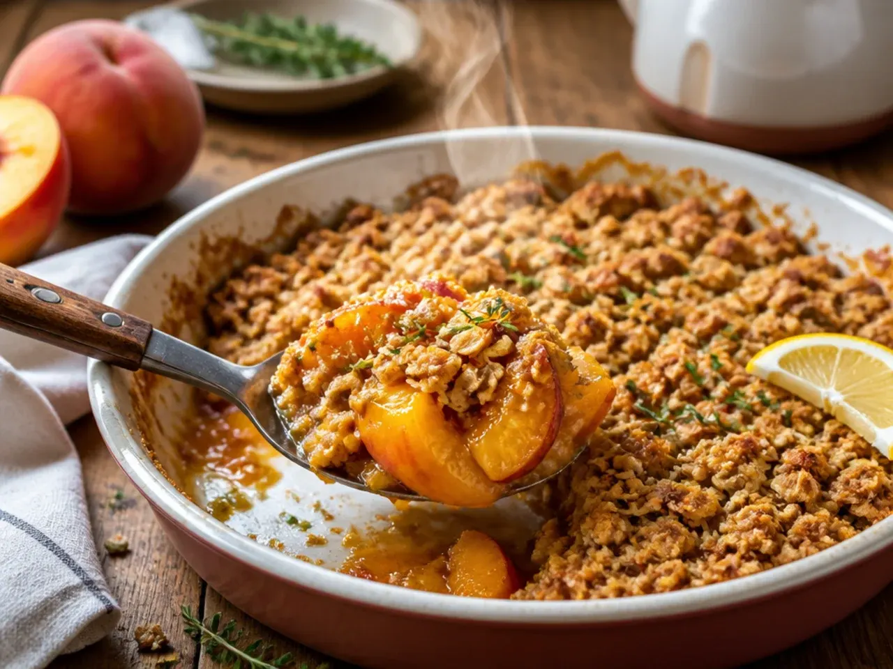 Small peach crisp dish inside an air fryer basket