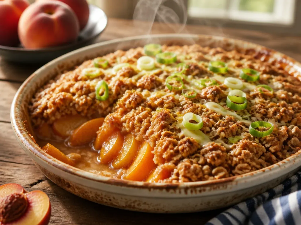 Peach crisp topped with chunky granola clusters before baking