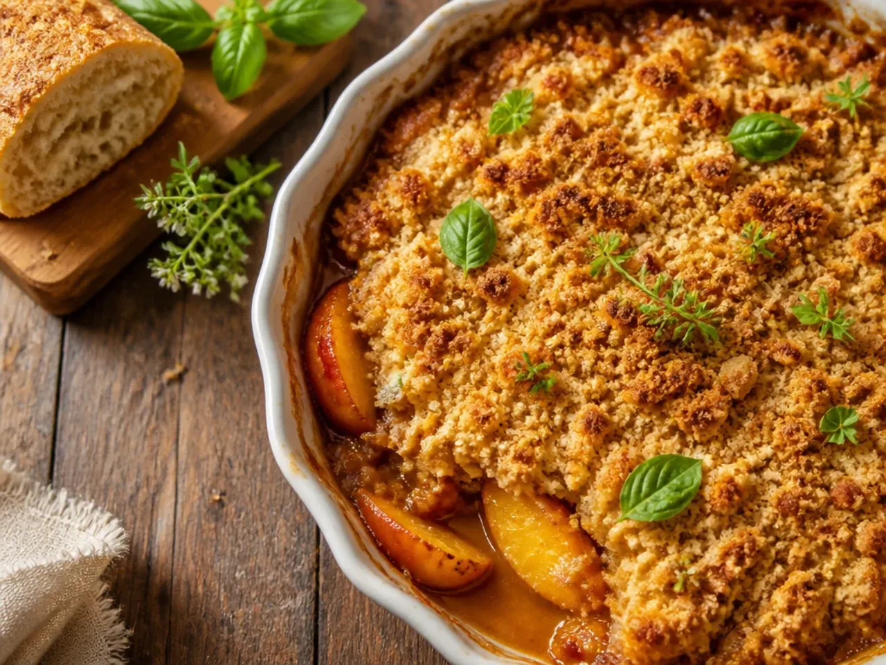 Foil-wrapped unbaked peach crisp ready to go into the freezer