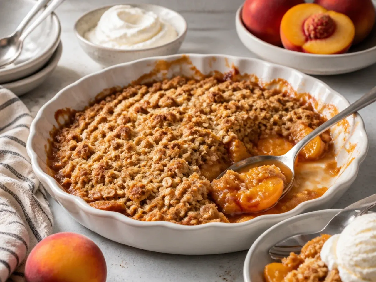 Bowl of warm peach crisp with a scoop of vanilla ice cream melting on top