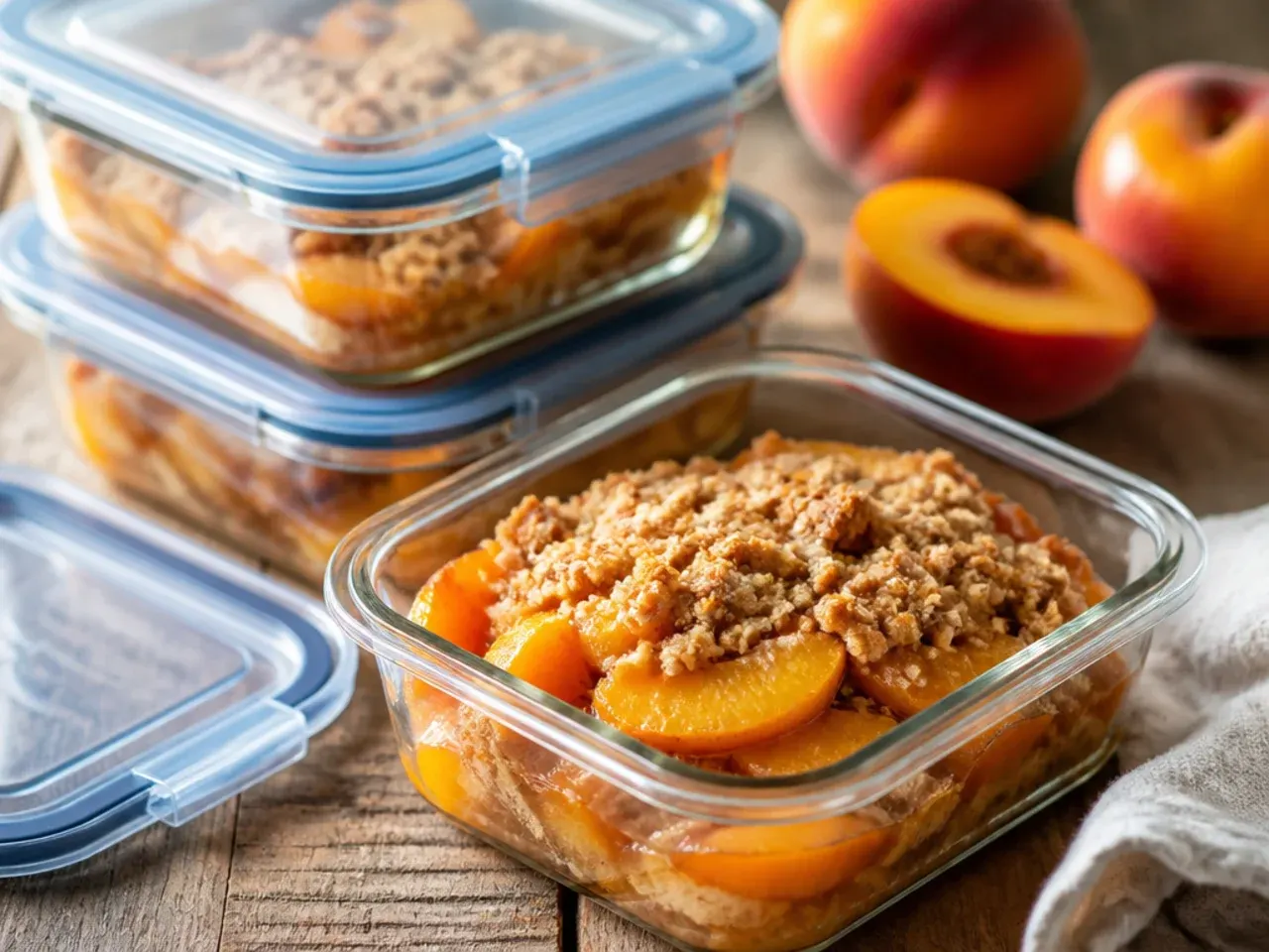 Airtight container of leftover peach crisp being stored in the fridge