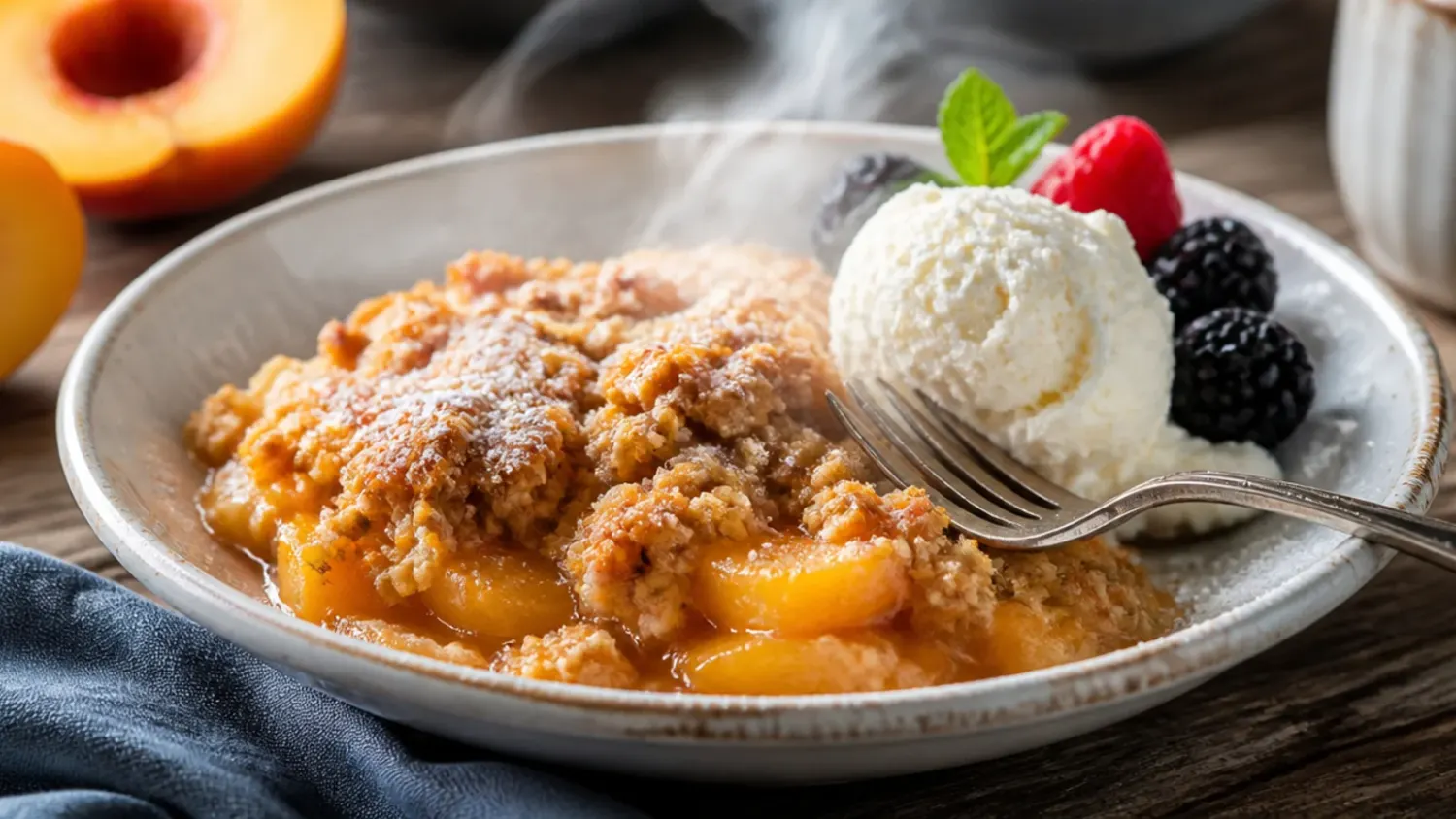Golden peach crisp with canned peaches in a baking dish, buttery oat crumble bubbling at the edges, topped with a scoop of vanilla ice cream