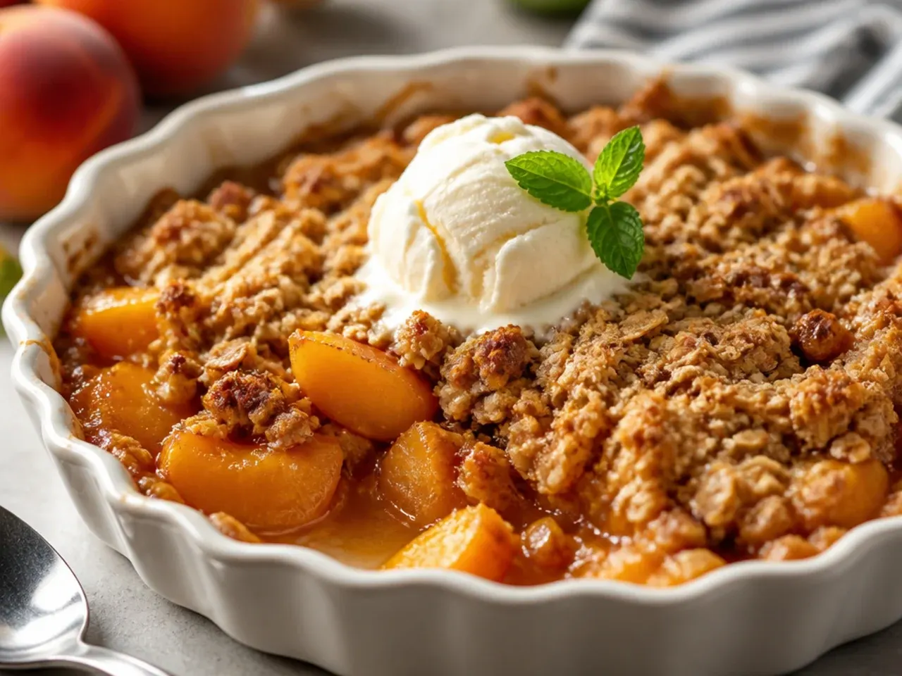 Overhead shot of a bubbling peach crisp fresh from the oven surrounded by empty peach cans and a bowl of oats