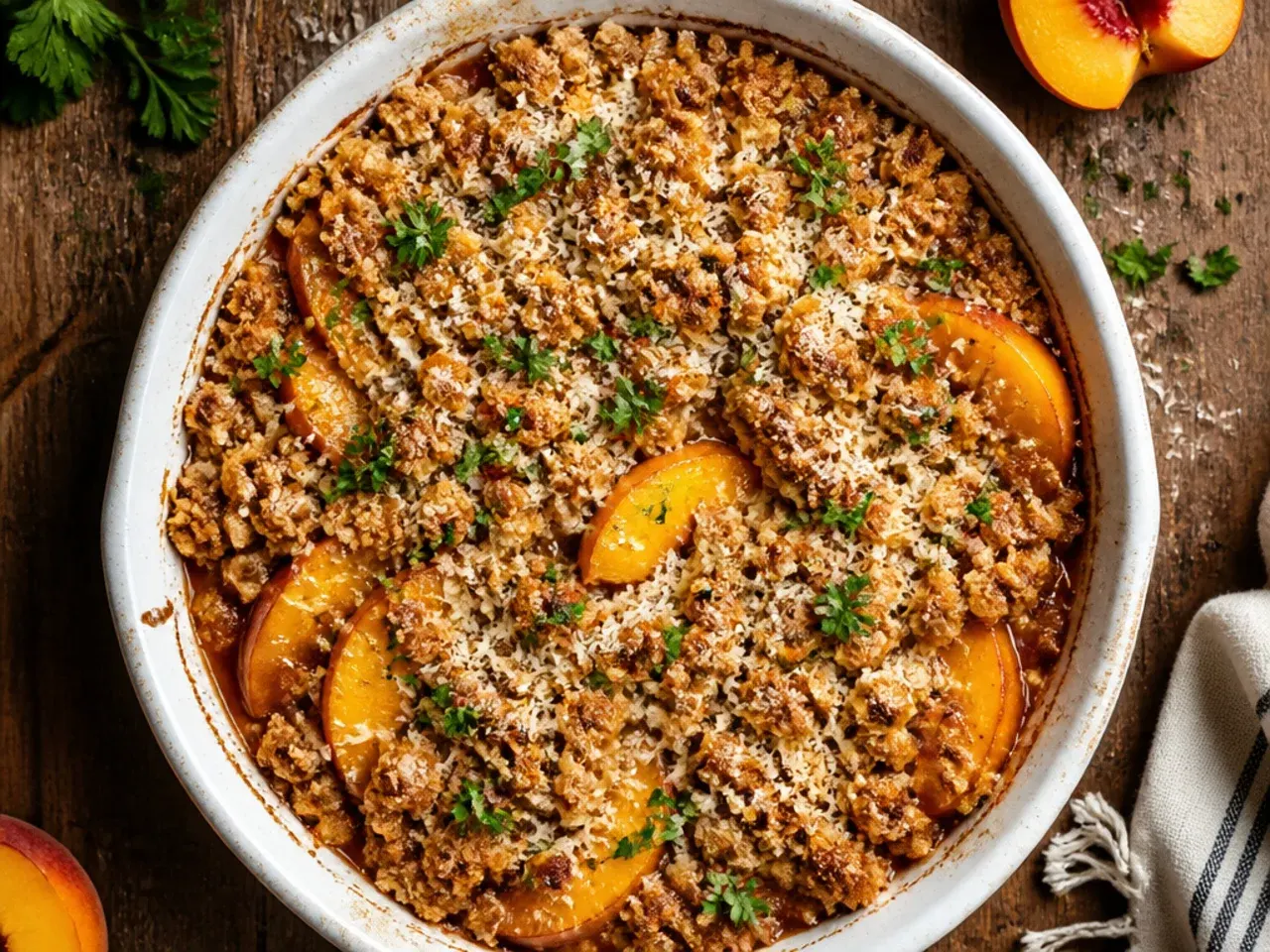 Classic peach crisp with canned peaches and a golden oat crumble topping in a white baking dish