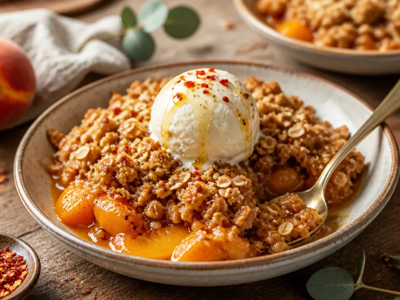 One bowl of melted-butter crumble topping being poured over drained canned peaches