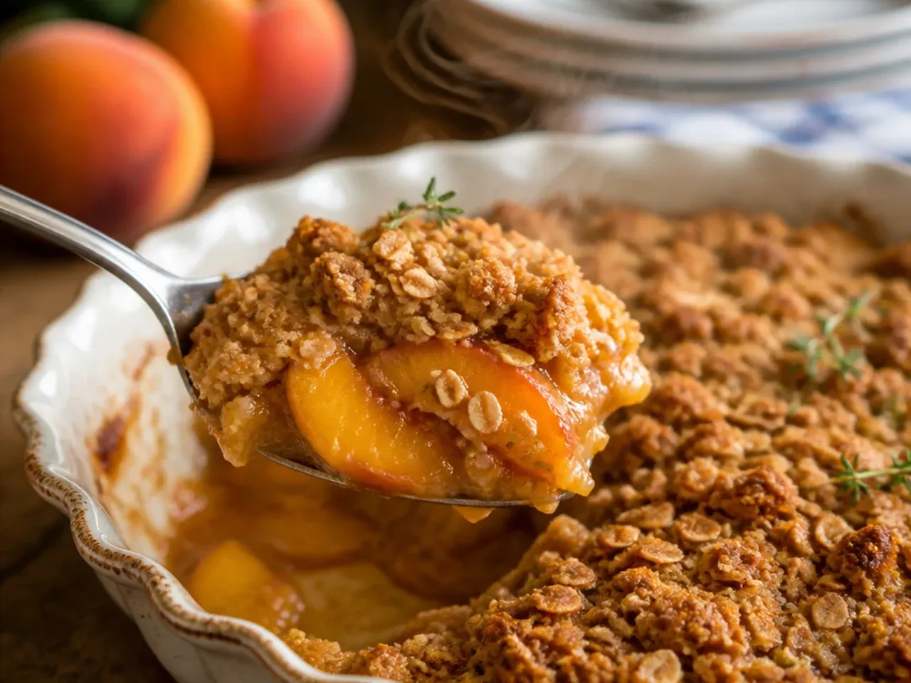 Fresh peach slices being mixed with canned peach slices in a glass baking dish
