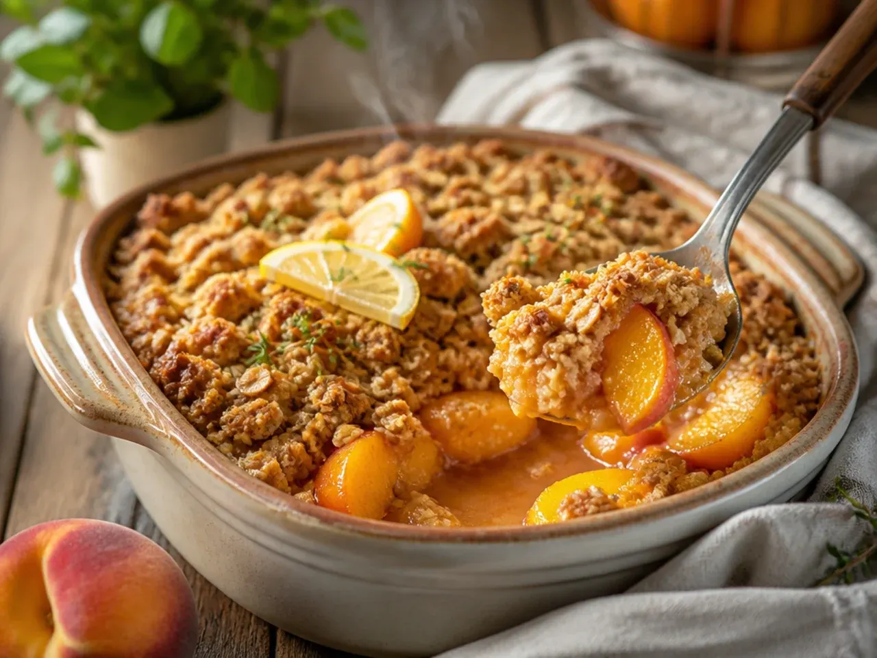 Spiced peach crisp with canned peaches dusted with cinnamon and nutmeg, served in a rustic bowl