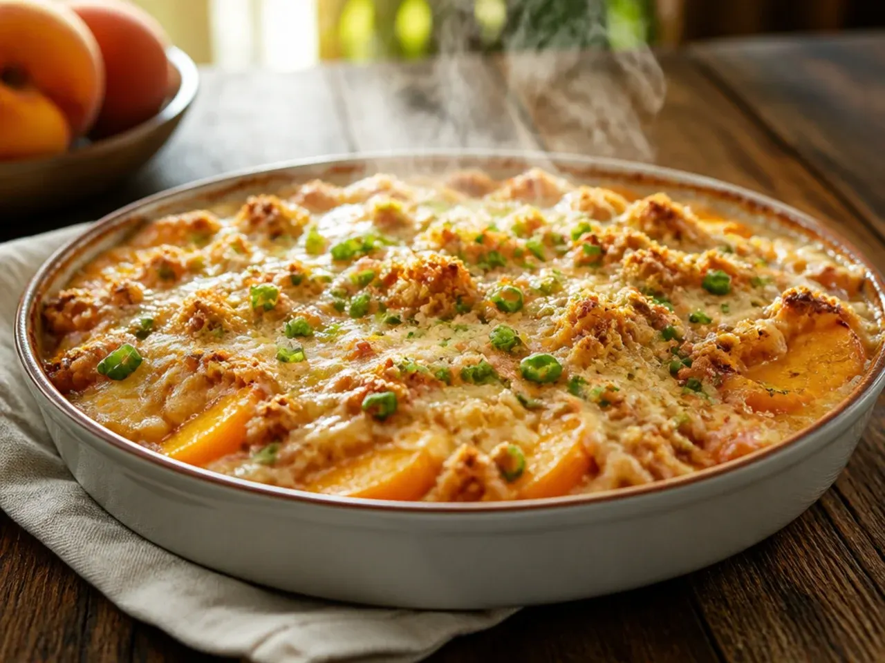 Creamy peach crisp with canned peaches showing a custardy layer beneath the golden crumble topping